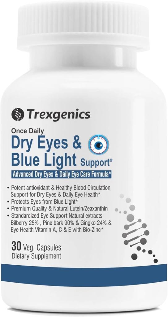 Trexgenics Dry Eyes & Blue Light Support En gång Daglig Vegetarisk Formel med Lutein 10mg, Zeaxanthin 2mg, Bilberry, Ginkgo, Pine Bark, Vitamin C, Zink & Vitamin A (30 Veg Capsules)