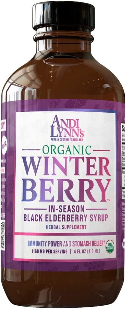 Andi Lynns Winterberry Black Elderberry Syrup - Inkluderar Black Elderberries, Cinnamon, Ginger, Honey & Lemon - Immune Support för hela familjen - Organic & Great Tasting Syrup 4oz