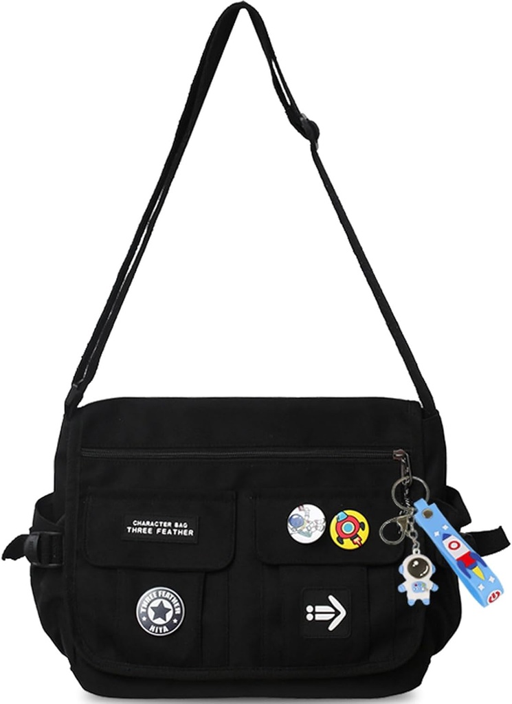 Fashion Crossbody Bag med söta tillbehör Nylon Casual Messenger Bag med Pendant Lightweight Handbag Travel Daypacks (Black)