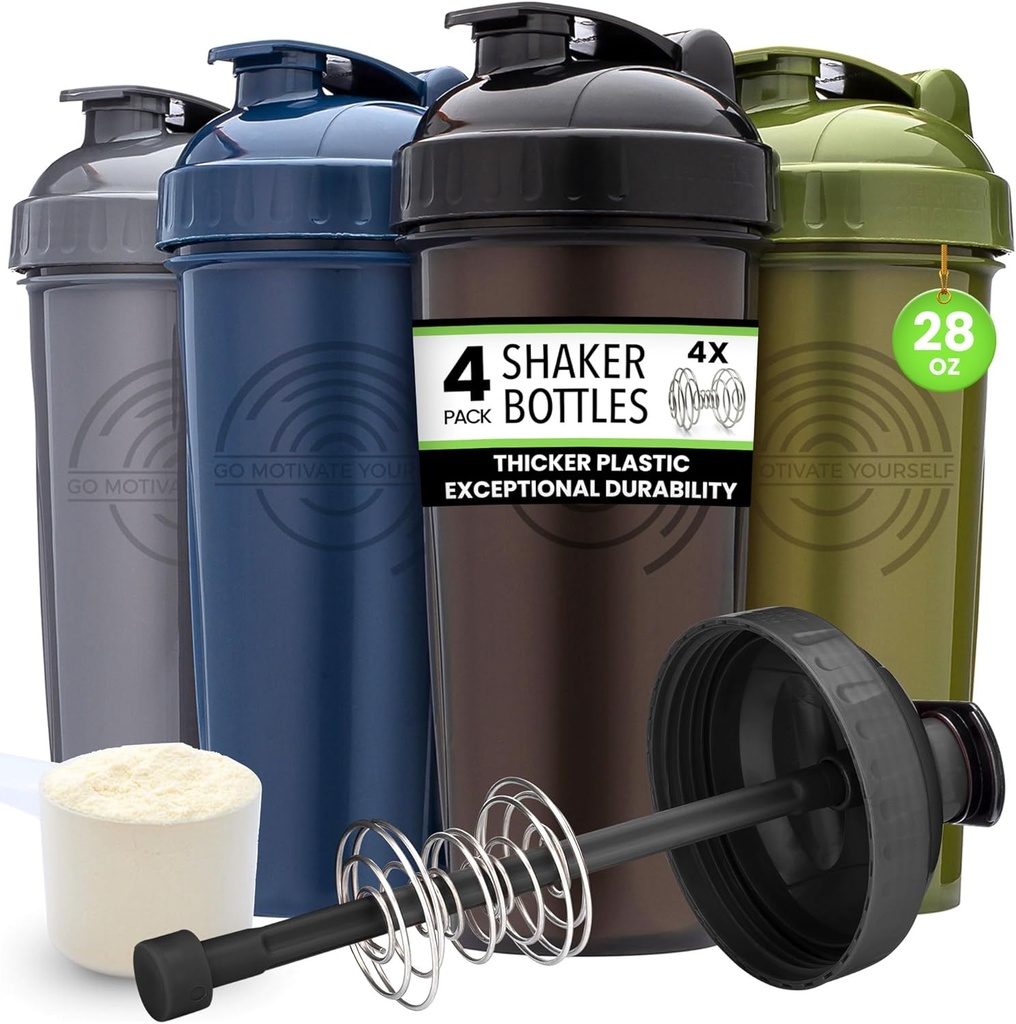 GOMOYO [4-Pack] 28-Ounce Shaker Bottle | Bulk Protein Shaker Bottle med Action-Rod Wire Mixer | Shaker Cups Sets är BPA Free och Dishwasher Safe | Moss, Gray, Navy, & Black