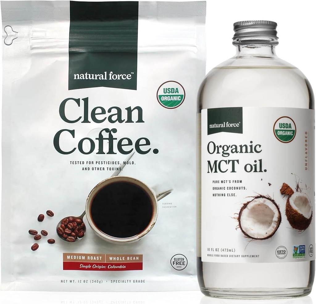 Natural Force Organic Clean Coffee + Organic MCT Oil Bundle - 100% Pure Coconut MCTs & Mold & Mycotoxin Free Coffee - Non-GMO, Keto, Paleo och Vegan - 12 Oz Bag och 16 Oz Glas flaska