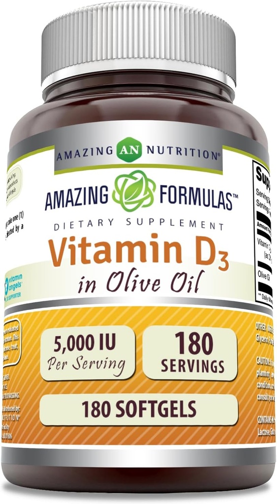 Fantastiska formler Vitamin D3 med Olivolja 5000 IE Softgels Supplement | Non-GMO | Gluten Free | Made in USA (180 Count)