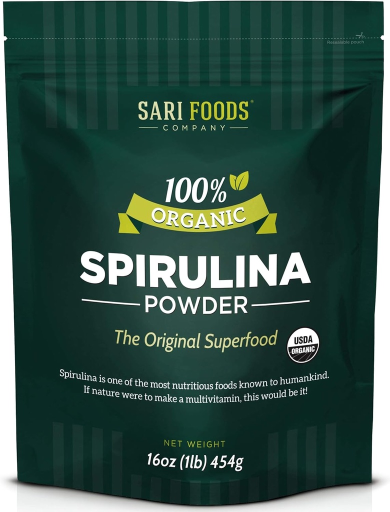 Organic Spirulina Powder (16 Ounce): Naturligtvis Vegan, levererar folat, vitamin B12, järn, Omega fettsyror, GLA, Beta Carotene, klorofyll, Aminosyror