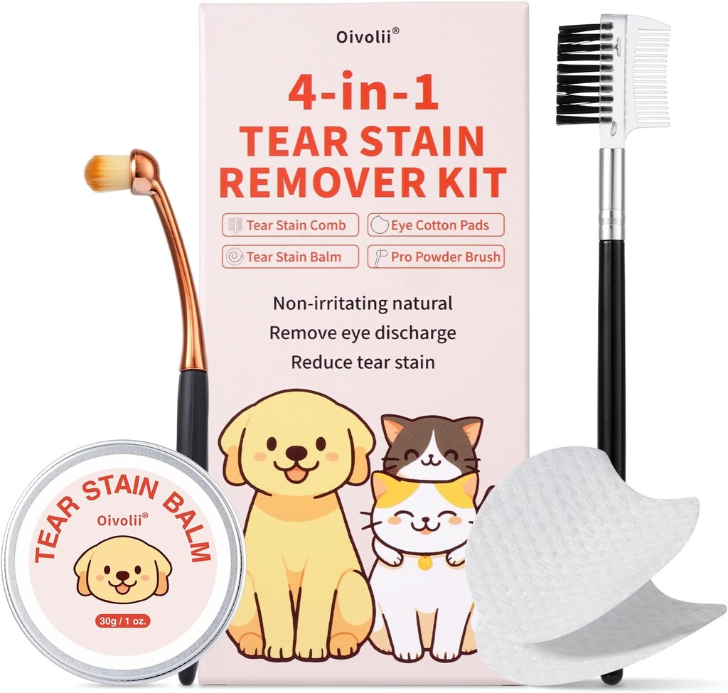 Tear Stain Remover Kit för hundar och katter med Tear Stain Comb, Tear Stain Balm, Eye Cotton Pads, Pro Powder Brush Remove Tear Stain, Eye Debris, Discharge, Mucus Secretions