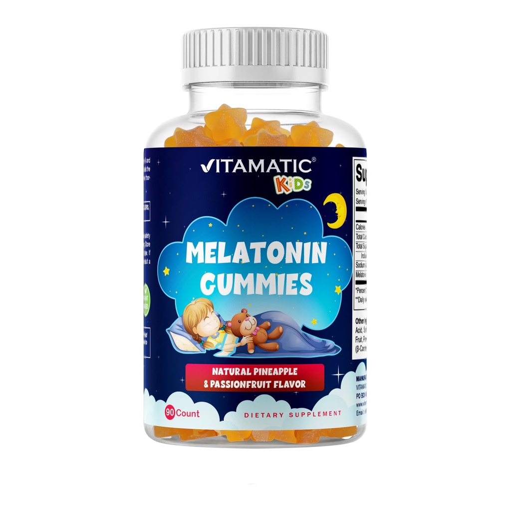 Vitamatic Sugar Free Kids Melatonin 1mg, 90 Gummies, Pineapple & passionfrukt smaksatt Gummies, 90 Days Supply