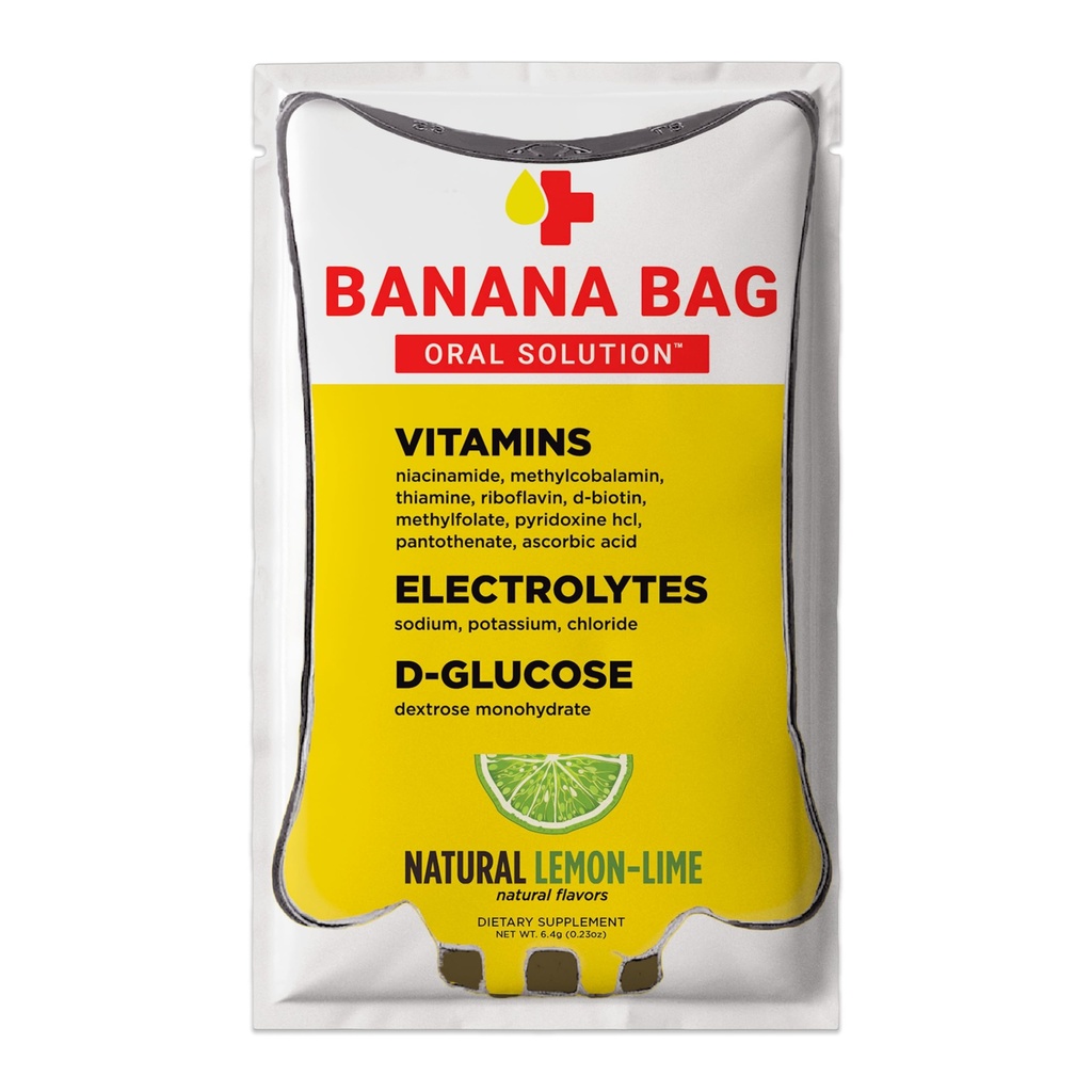 Banana Bag Oral Solution Packets - Natural Lemon Lime 15pk | En uppfriskande blandning av elektrolyter, vitamin C och B-komplex för daglig hydrering och energi | Perfekt för alla livsstilar.