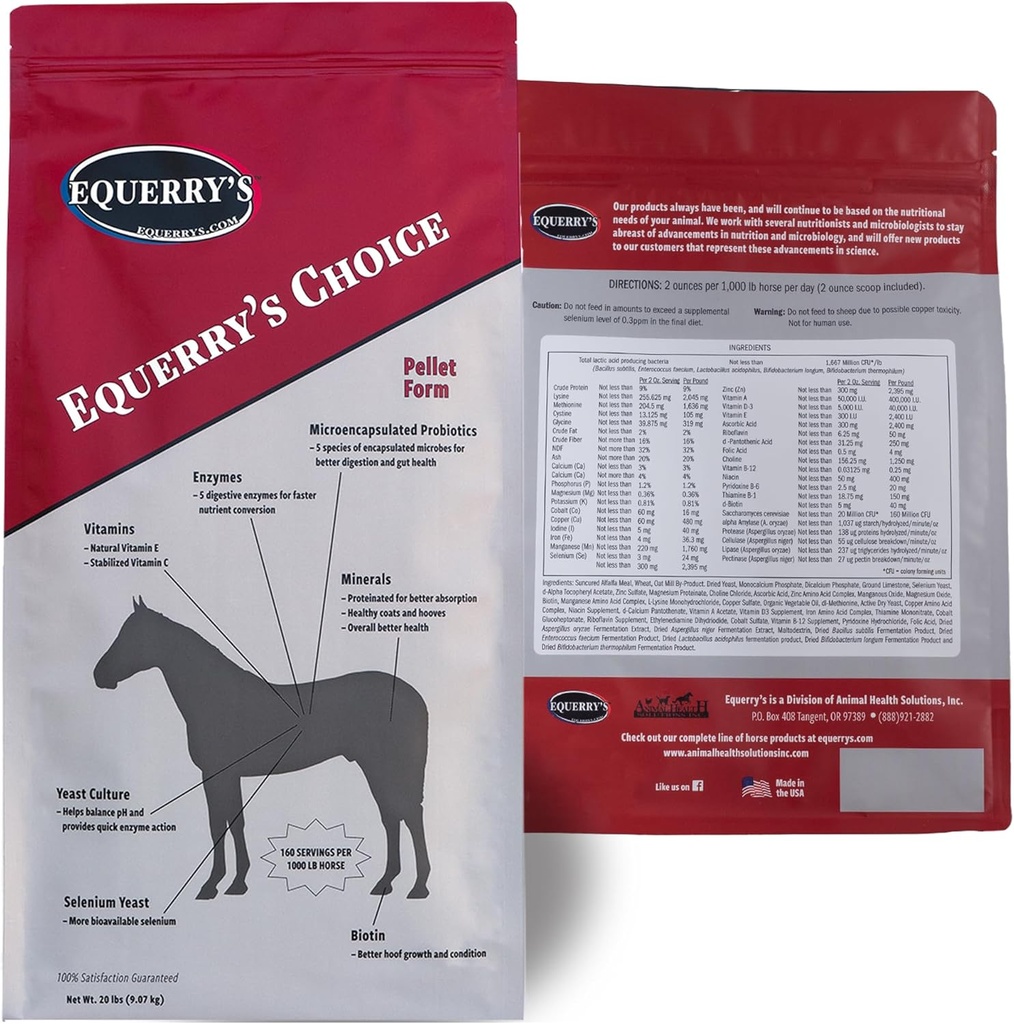 Equerry's Choice Horse Pellets - komplett näringstillskott | Digestive Enzymes | Chelated Vitamins and Minerals | Hästtillskott | 20 lb