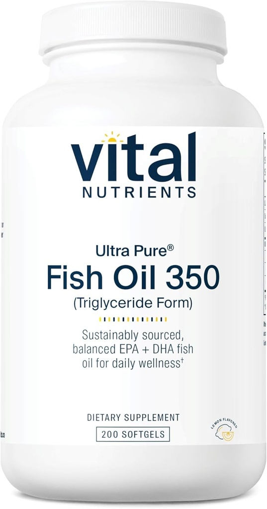 Vital Nutrients Ultra Pure® Fish Oil 350 | Supports Heart, Brain, & Immune Health* | Sustainably Sourced EPA & DHA Omega-3 Fatty Acid | Lemon Flavor | Gluten, Dairy, Soy Free | 200 Softgels