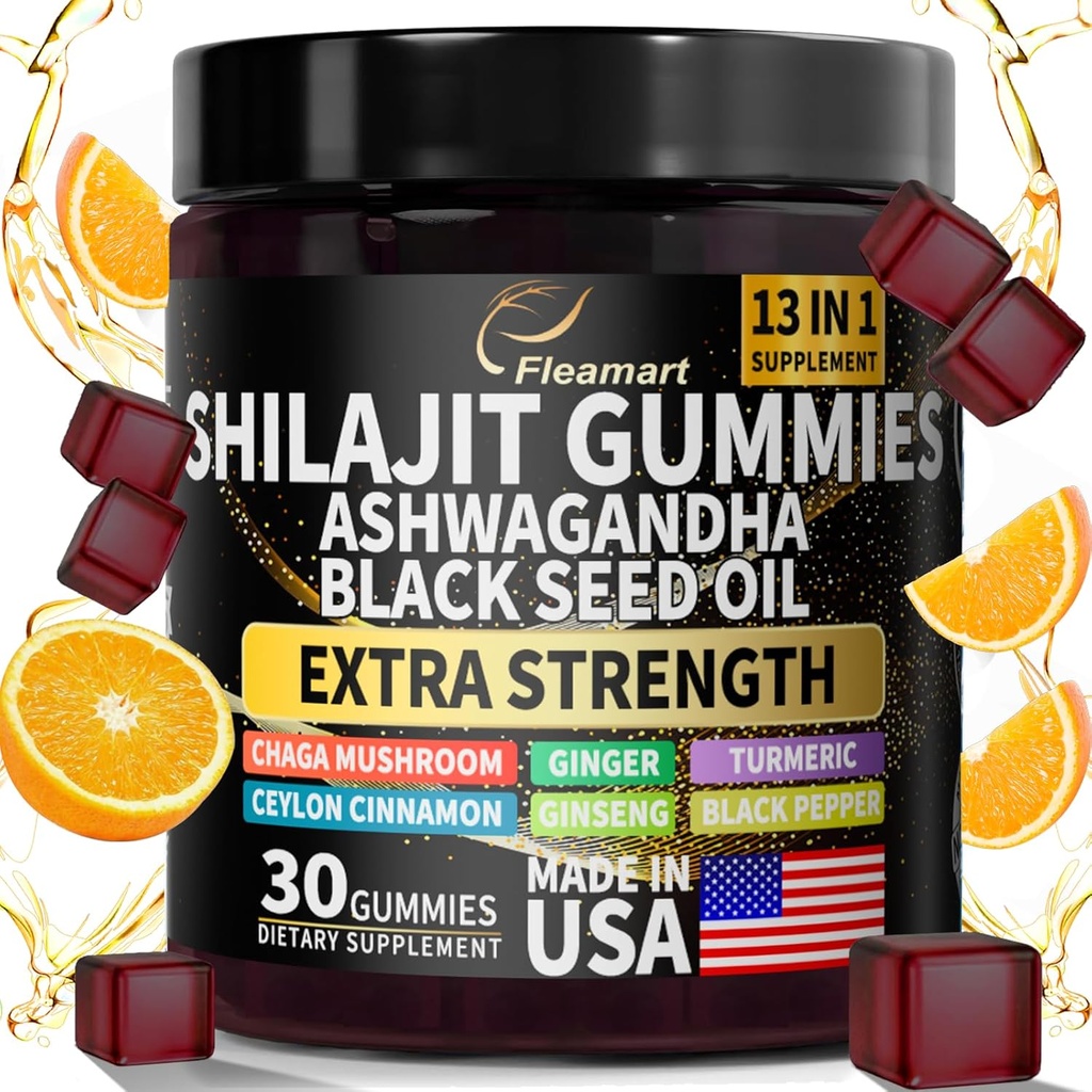 Shilajit Gummies, Shilajit Pure Himalayan Gummies med Ashwagandha, Black Seed Oil, Sugar Free Shilajit Gummies för Män & Kvinnor, 30 greve, Orange smak