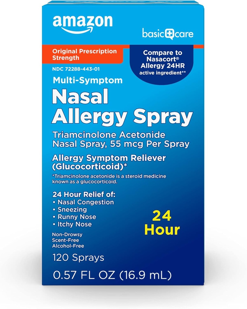 Grundläggande vård 24 timmars allergi Nasal Spray, Triamcinolone Acetonide 55 mcg per spray, Allergy Medicine, Non-Drowsy, 0,57 fl oz (Pack av 1)