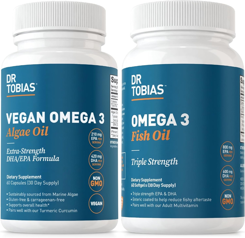 Dr Tobias Vegan Omega 3 Algae Oil och Omega 3 Fish Oil, 2 alternativ för omfattande fettsyra stöd, icke-GMO