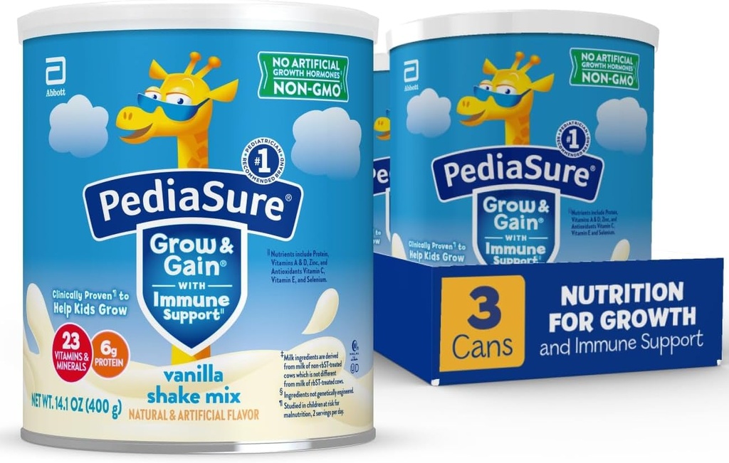 PediaSure Grow & Gain med Immune Support Shake Mix Powder, 23 Vitaminer & Minerals, 6g Protein, Non-GMO, Gluten-Free, Vanilla, 14.1 oz Can, Pack med 3-24 portioner