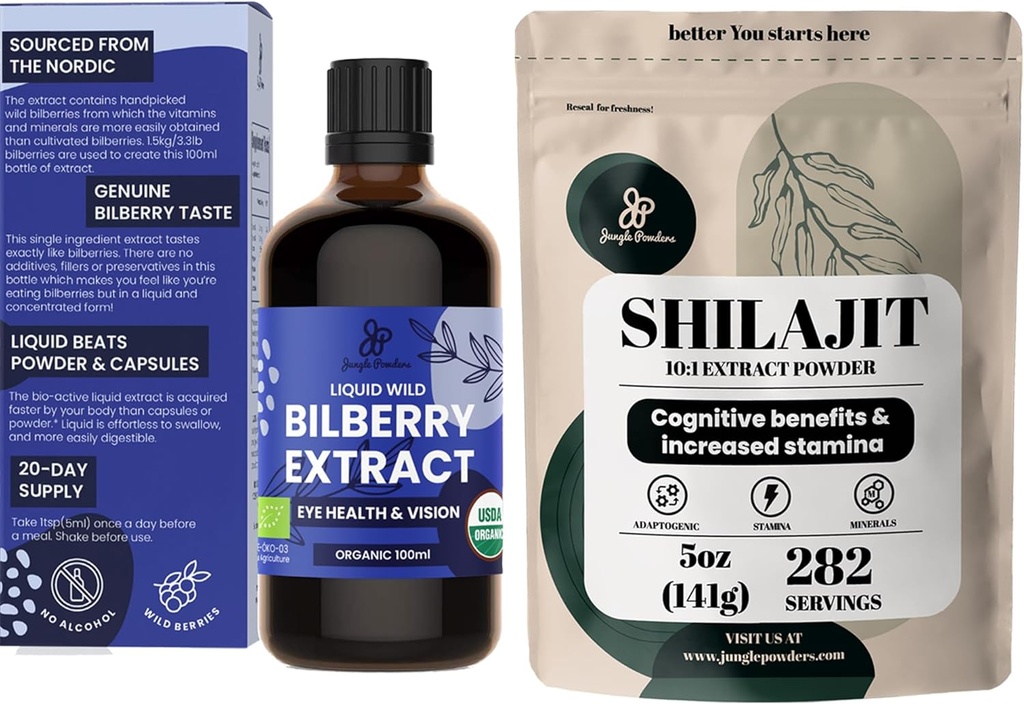 Jungle Powders Organic Wild Bilberry Extract för Eyes Bilberry Supplement for Eyes, Shilajit Powder för Män 10:1 Extract Immune Support Energy Supplement