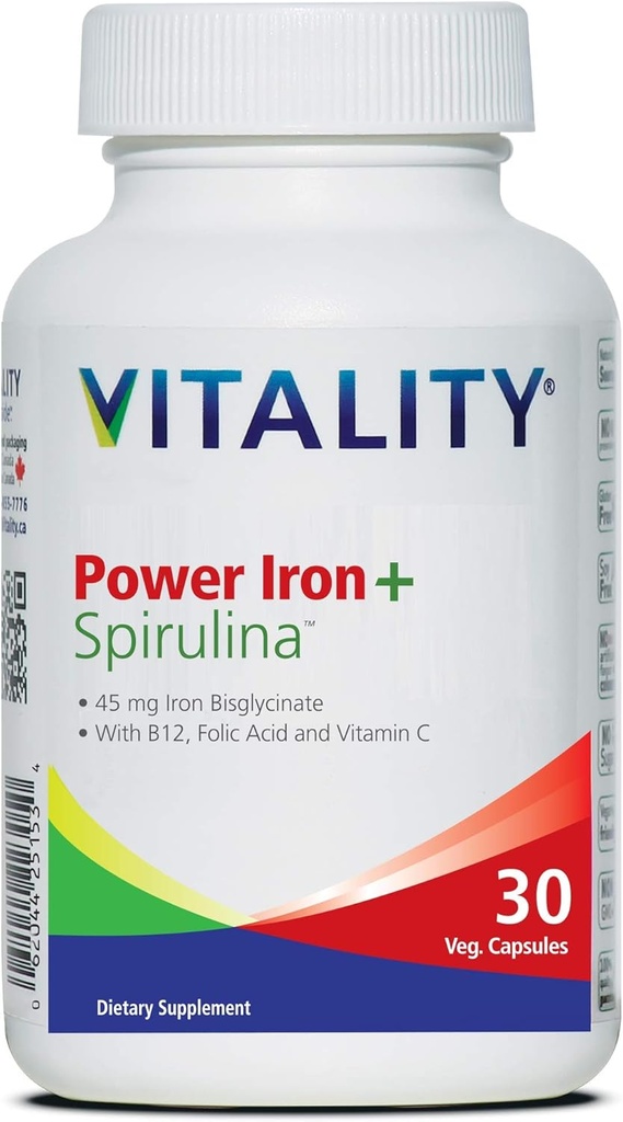 Vitality Power Iron + Spirulina | 45mg Iron | Blodbyggare | Järnbrist Support | Vegan | All naturlig tillskott | Gentle på mage | 30 kapslar