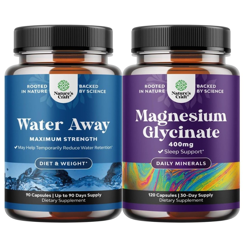 Bundle of Water Away Pills Maximal Styrka - Herbal Diuretic Pills for Water Retention for Fast Acting Bloating Relief and Pure Magnesium Glycinate 400mg Per Serving for Mood Sleep and Relaxation