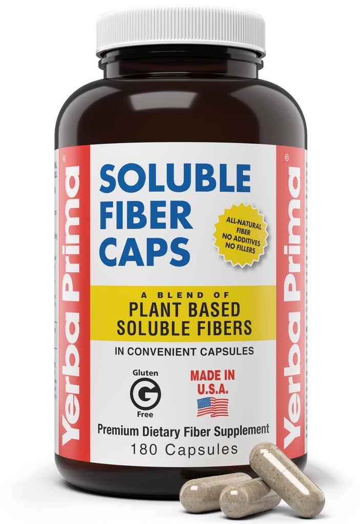Yerba Prima Soluble Fiber Formula Capsules, 180 Count - Premium Dietary Fiber Supplement, Natural, Concentrated Soluble Fiber, Gluten Free, Non-GMO, Made in USA