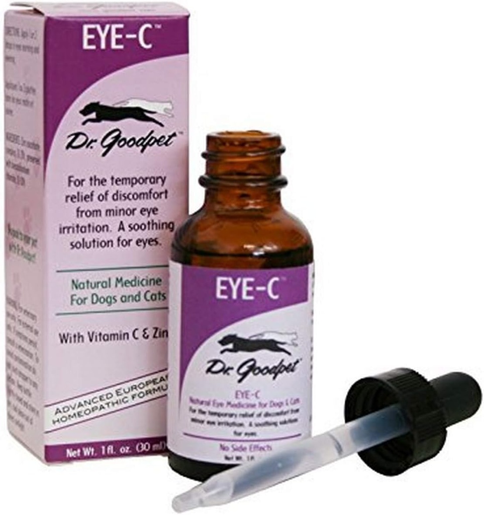 Dr Goodpet Eye-C All-Natural Eye Drops för hundar, katter, hästar, små djur | Mänsklig kvalitet Zink & Vitamin C | Överlägsen Eye Wash | Soothes, Moisturizes och hjälper irritation | Tillverkad i USA