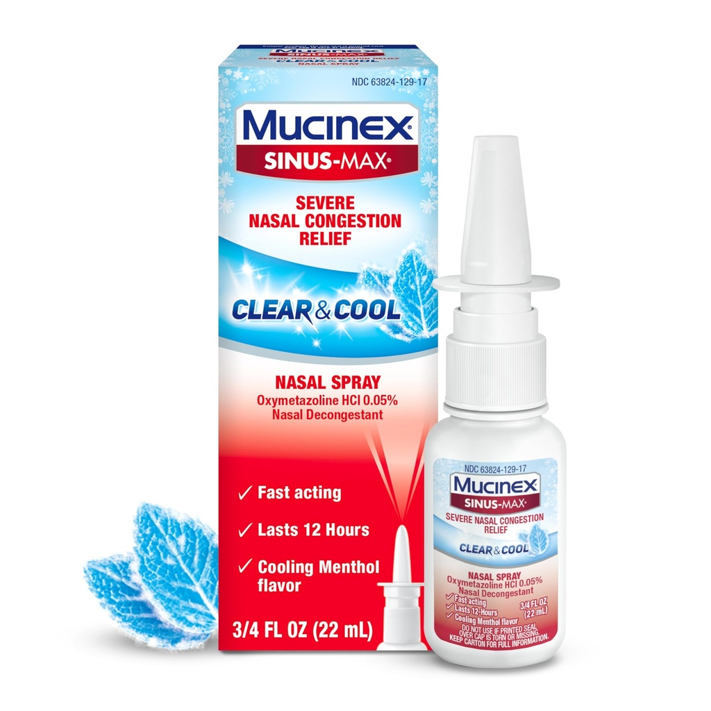 Mucinex Sinus-Max Nasal Spray Decongestant, 12 Hour Over-The-Counter Medication Nose Spray för Sinus Relief, Nasal Decongestants för vuxna och Sinus Congestion, Cooling Menthol, 0,75 Fl Oz