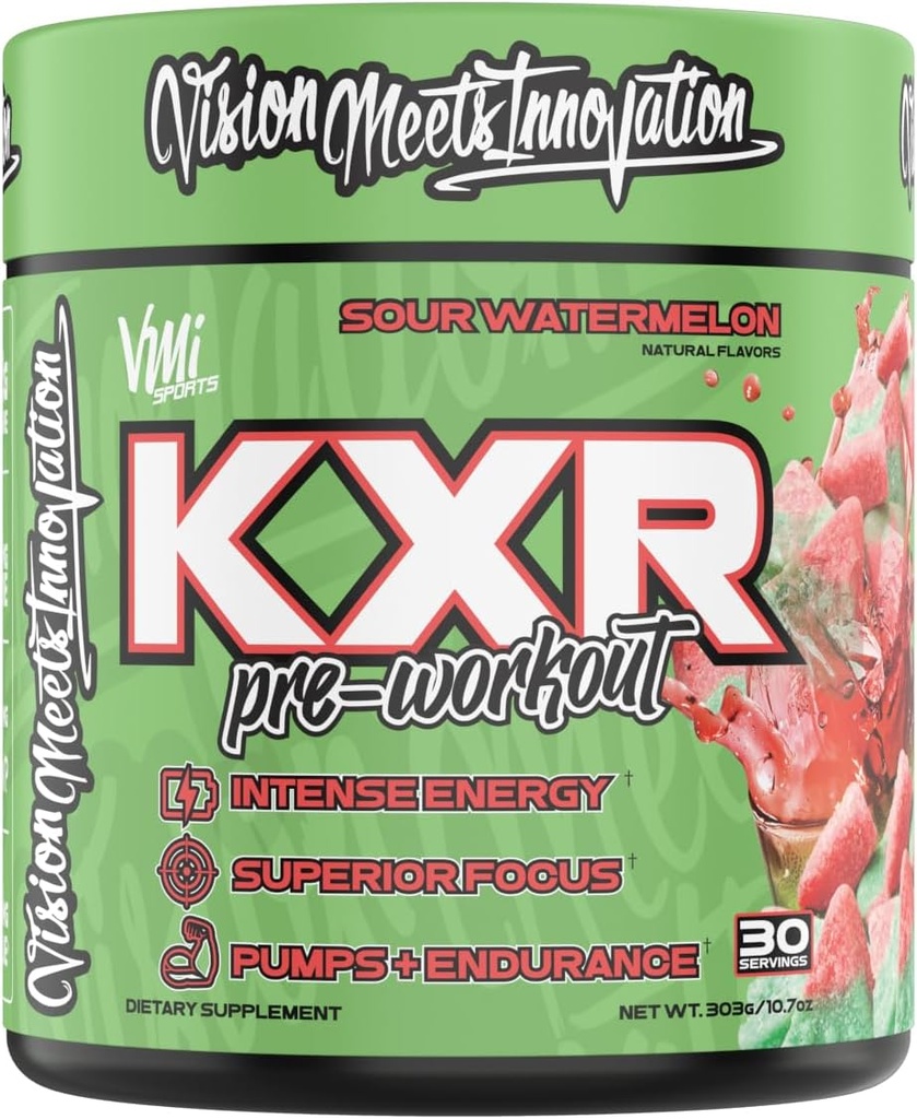 KXR Pre-Workout Energy Powder | Intense Energy Pre-Workout Drink för män och kvinnor | Kreatinfri | Förbättrar prestanda - Förbättrad fokus och ökad uthållighet | 30 portioner (Sour Watermelon)