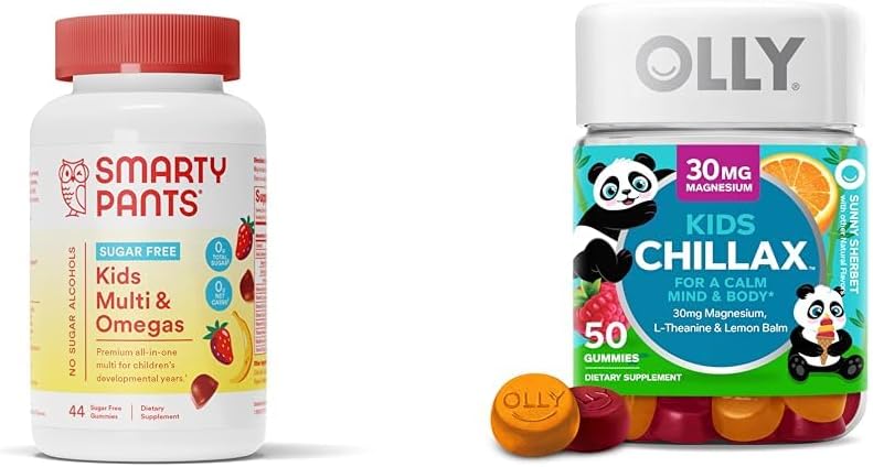 SmartyPants Kids Multivitamin Gummies, Sugar Free: Omega 3 (ALA) & OLLY Kids Chillax, Magnesium Gummies Plus L-Theanine, Lemon Balm, Calm Chews för barn 4 +, Sherbet Flavor - 50 Count (Pack av 1)