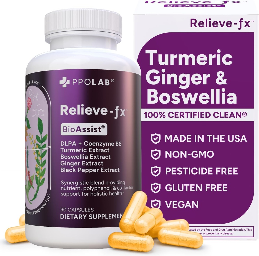 Relieve-fxTM DLPA Boswellia Turmeric och Ginger Supplement, Stress Relief, Heart, Digestion, Muscle Cramp, Joint, Inflammation Health, Vitamin B6 P5P, Boswellic Acid, Curcumin med Black Pepper - 90ct