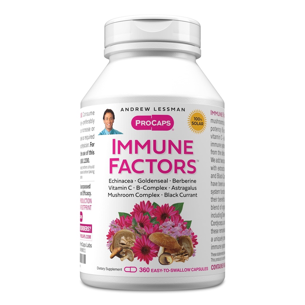 ANDREW LESSMAN Immune Factors 360 Capsules - Echinacea, Goldenseal, Vitamin C, Astragalus, Berberine, Mushroom Blend, Black Currant. Stöder och främjar immunförsvar och naturförsvar