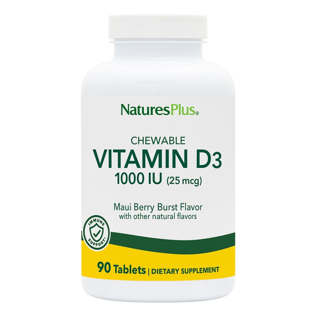 NaturesPlus Vitamin D3 (1000 IE) - 90 Chewable tabletter, Maui Berry Burst smak - Vegetarisk, Glutenfri - 90 portioner