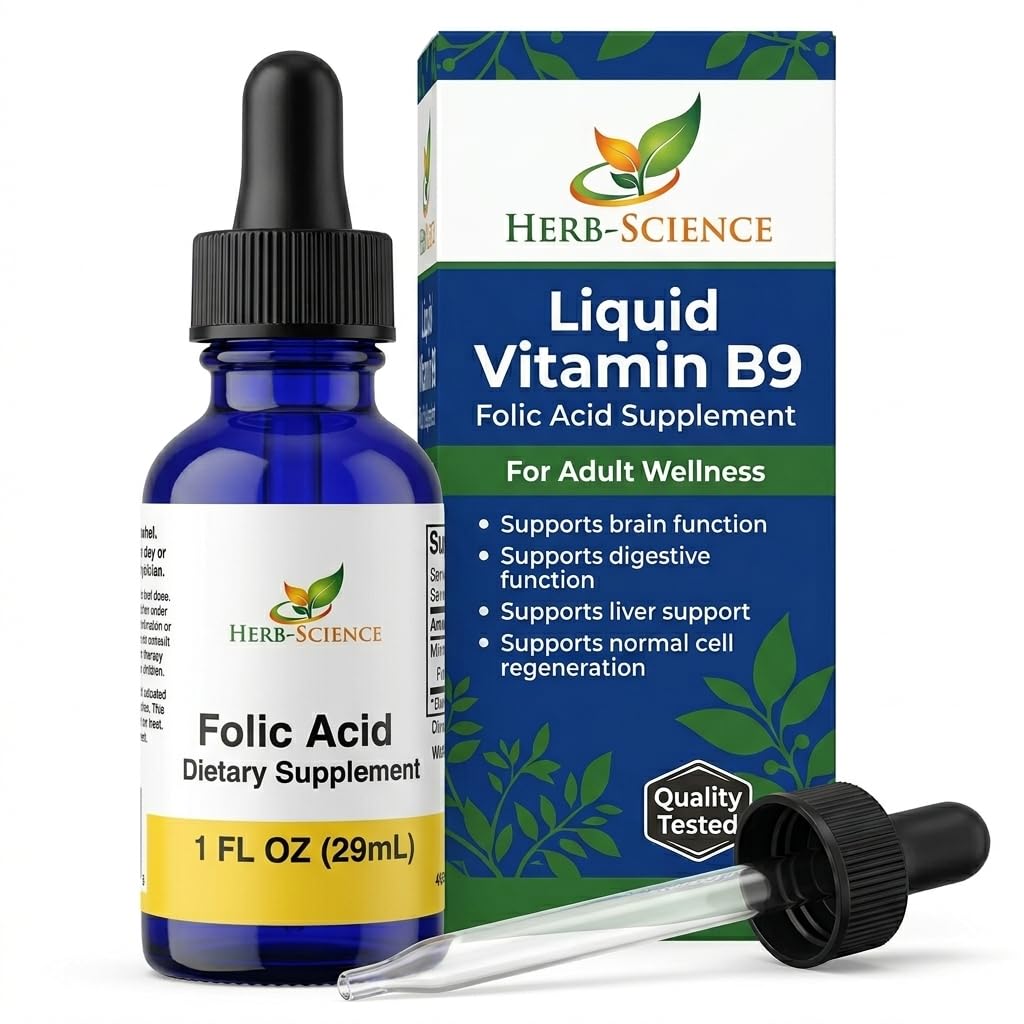 Liquid Vitamin B9 Folic Acid Supplements - VIT B Drops för Brain & Digestive Function, Liver Support - Gluten-Free, Non-GMO, Vegan - Nutritional Supplement för vuxna - 1 f. oz.