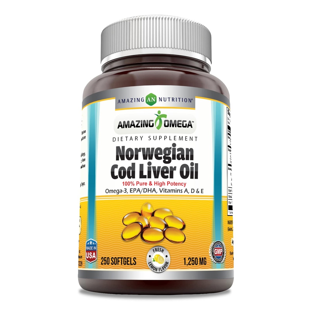Fantastisk Omega Norwegian Cod Liver Oil 1250 Mg Softgels Supplement | Omega-3, EPA, DHA, Vitamin A, Vitamin D & Vitamin E (Orange | 250 greve)