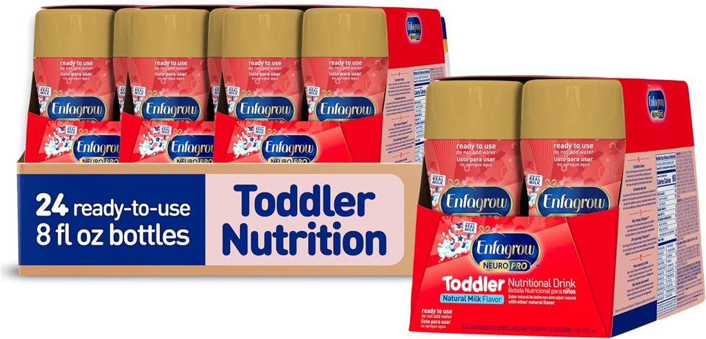Enfagrow NeuroPro Toddler Nutritional Drink, Made with Real Milk, Brain-Building Omega-3 DHA, Nutrients for Growth & Immune Support, Non-GMO, redo att använda, 8 fl Oz (24 flaskor)