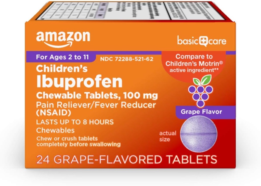 Grundläggande vård Barns Ibuprofen Chewable Tablets 100 mg, Grape Flavor, Pain Reliever och Fever Reducer (NSAID), För öm Throat, Toothache, Headache Relief och mer, 24 Count