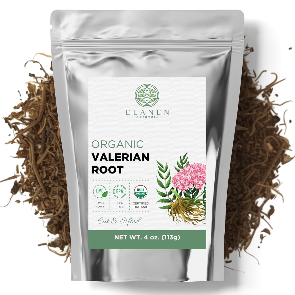 Elanen Naturals Organic Valerian Root 4 oz. (113g), USDA Certified Organic Valerian Root Herb Tea, Te De Valeriana Para Dormir, Valarian Officinalis Whole Loose Leaf, Cut & Sifted