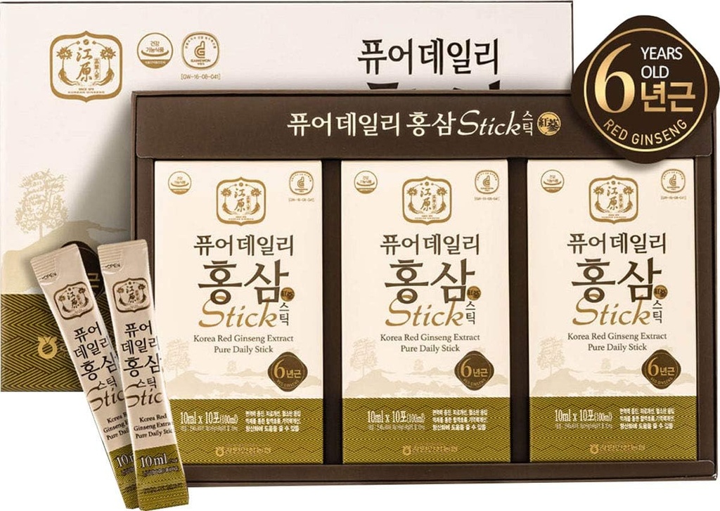 Gangwoninsam Korean Red Ginseng Extract Pure Daily Stick 30 Count - Innehåller 6-årig koreansk Red Ginseng Extract, koreansk mat, individuellt paketerad, 0,35 fl. oz (10ml), 3 X 10-räkna Box