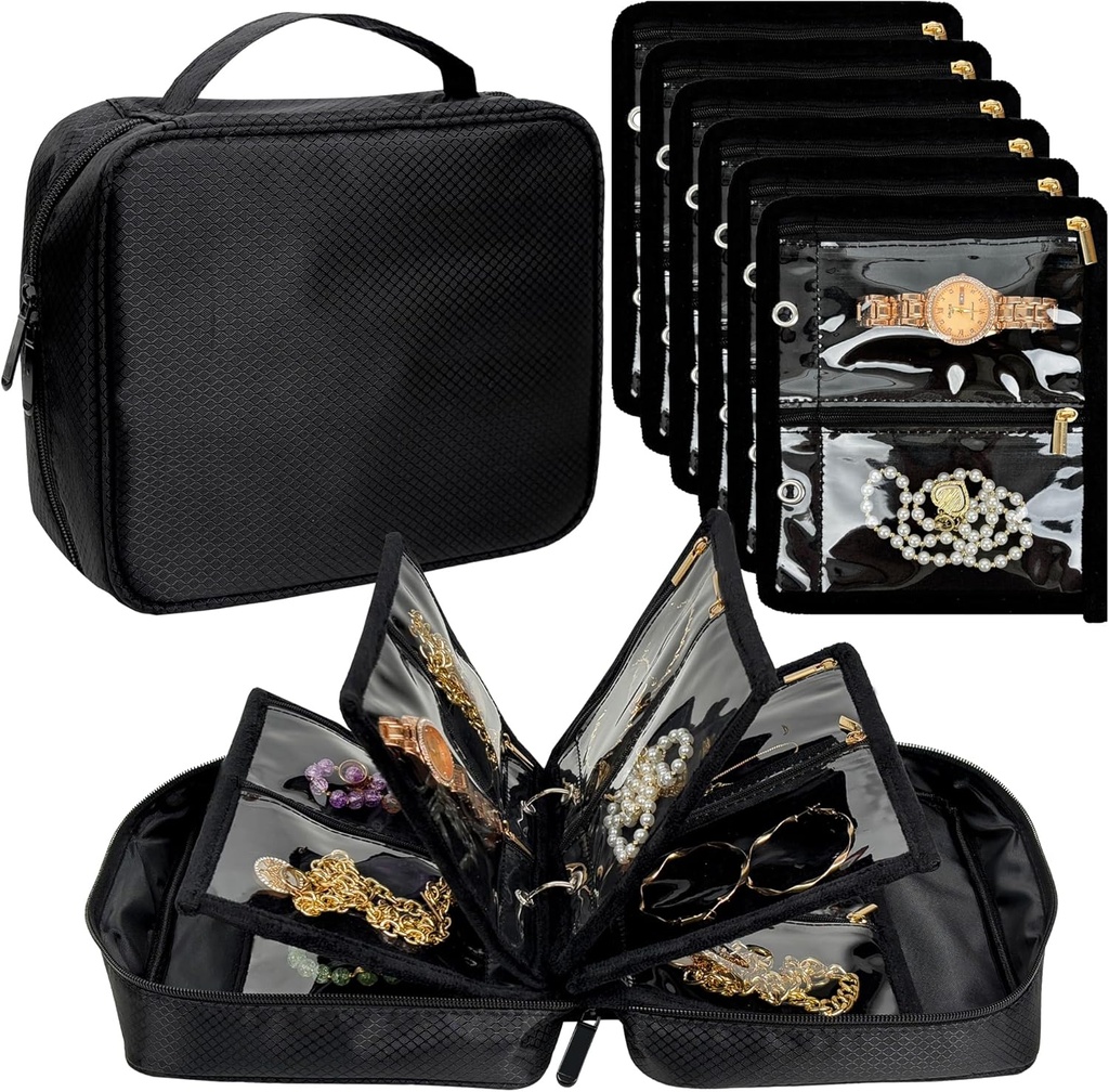 Travel Jewelry Organizer Case,Jewelry Bags for Traveling, Jewelry Binder med 24 Pcs Clear Zipper Velvet Pouches för lagring av örhängen, ringar, halsband, armband, Watch (Black)