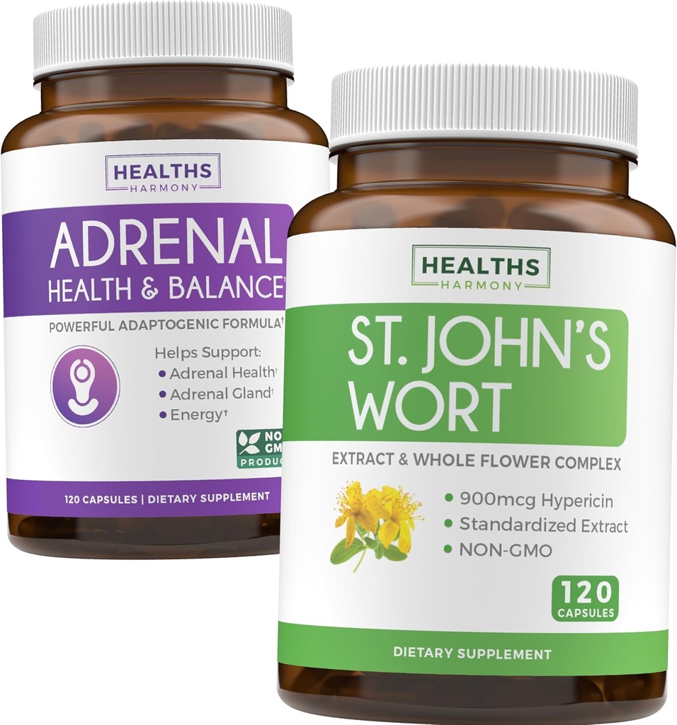 Adrenal & St John's Wort (4-Month Supply) Mood Harmony Pack - Adrenal Support med L-Tyrosine (120 kapslar) & St John's Wort med Powerfil 900mcg Hypericin 500mg per kapsel (120 kapslar)