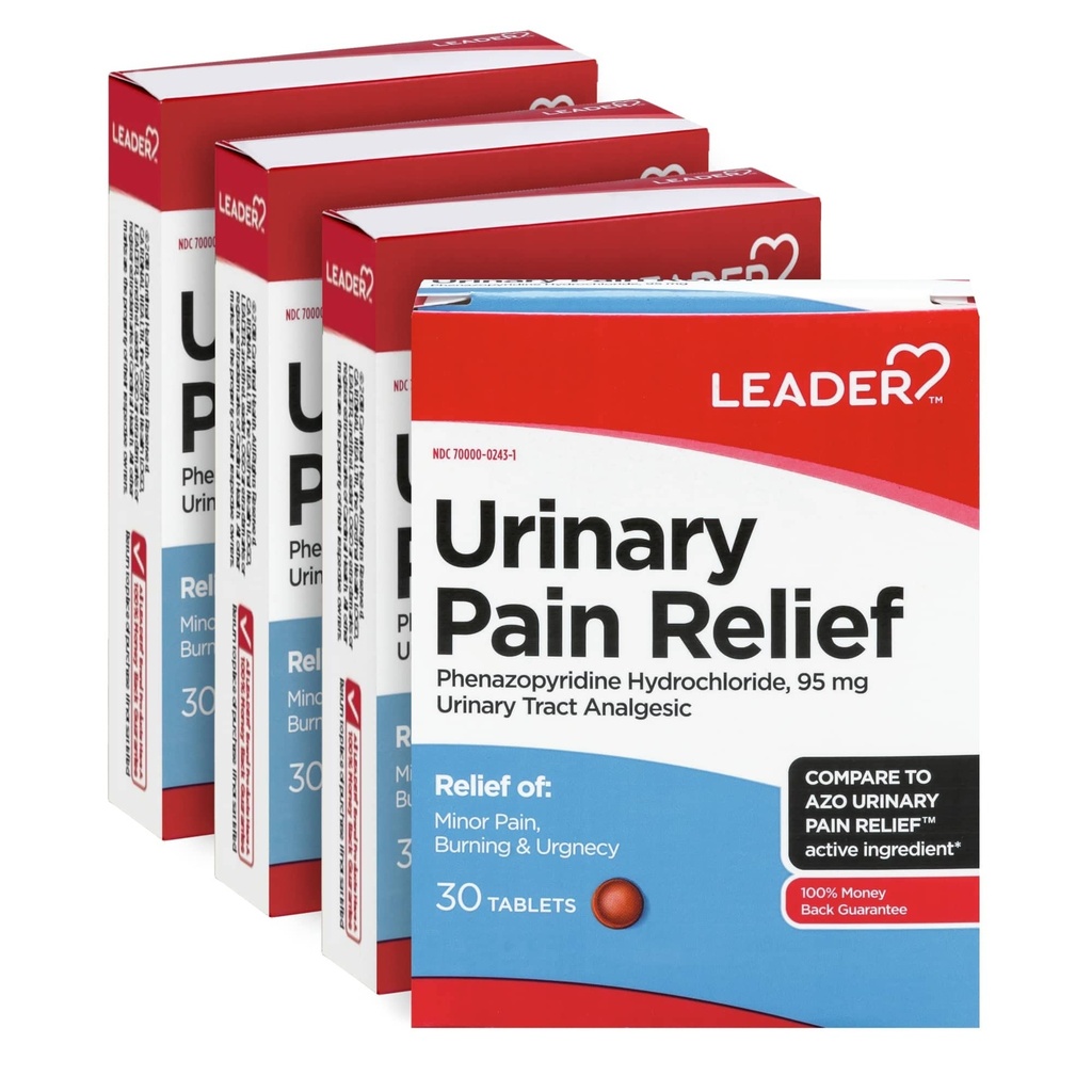 LEADER Urinary Pain Relief Maximum Strength, snabb lindring av UTI Pain, Burning & Urgency, Urinary Tract Infection Relief, Phenazopyridine Hydrochloride 95 mg, 30 tabletter, 4-Pack