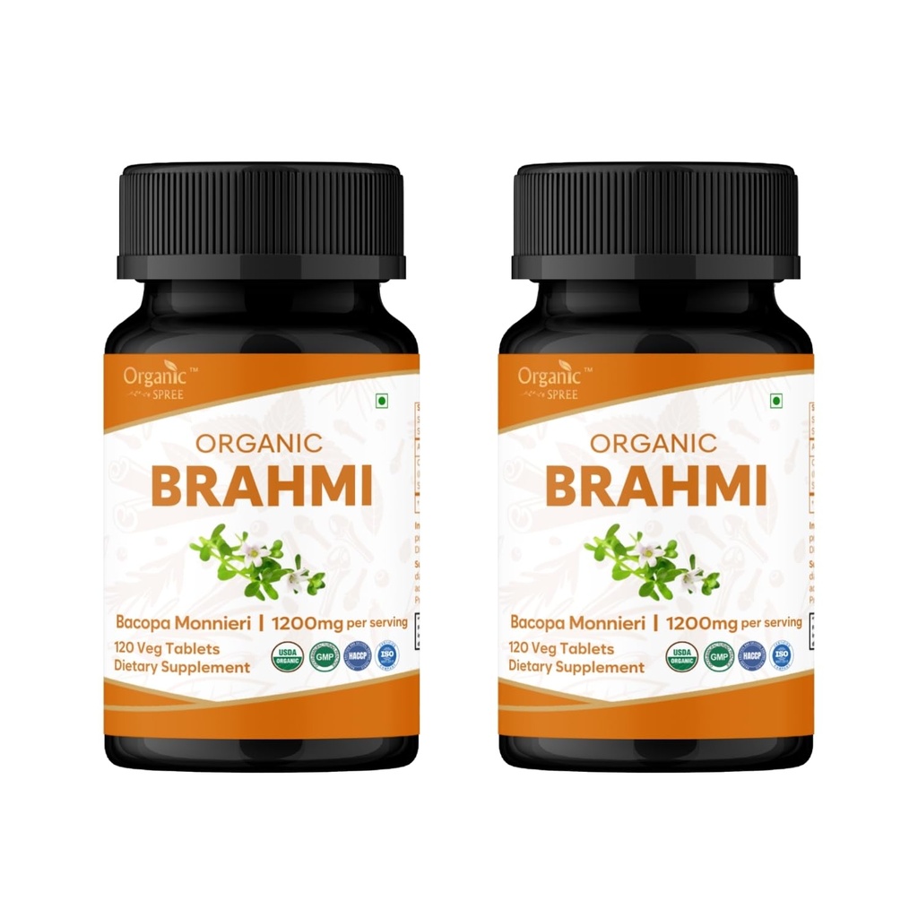 ORGANIC SPREE Brahmi 120 Tablets - USDA Organic Brahmi (Bacopa monnieri) Supplement, Supports Memory, Focus & Daily Wellness* - Pack of 2