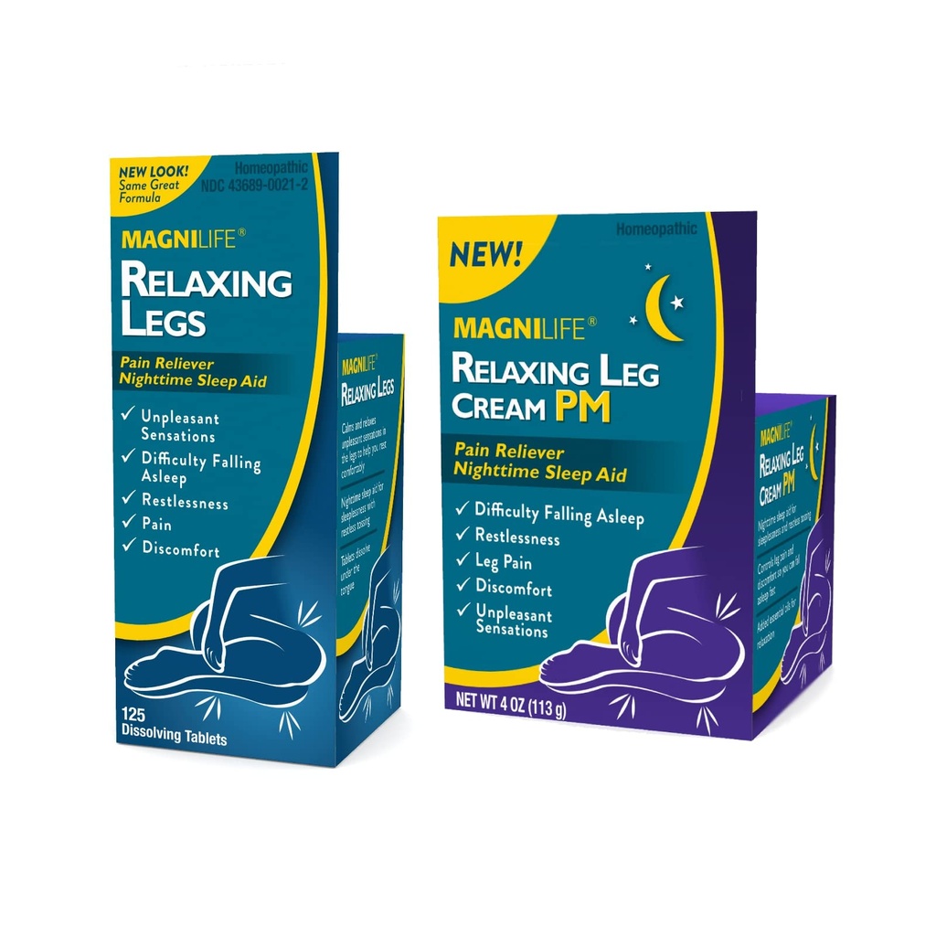 MagniLife Relaxing Legs 125 greve löser tabletter som kopplar tillbaka Leg Cream PM 4oz Jar Restless Legs