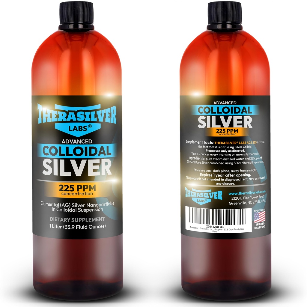 TheraSilver-TheraSilver Labs ACS 225-Advanced Colloidal Silver Liquid-225 PPM-Pure Bioactive Nano Particles för Immune Support-32 Oz-Family Storlek