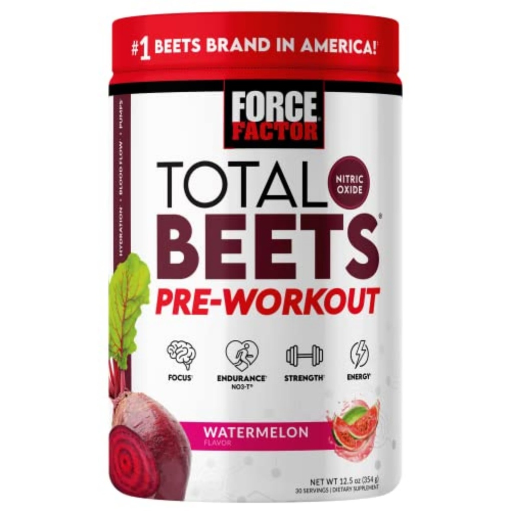 FORCE FACTOR Total Beets Pre-Workout Powder för att öka energi & uthållighet, öka styrka och förbättra blodflöde och pumpar, kväveoxidtillskott med Beet Root Powder, Watermelon, 30 portioner
