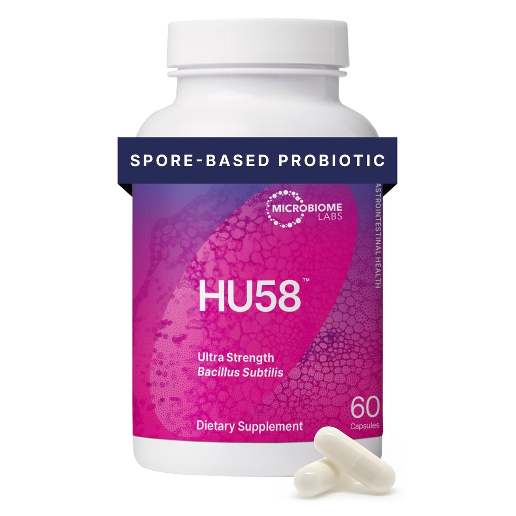 Microbiome Labs HU58 Bacillus Subtilis Probiotics for Women and Men - High Potency Spore Probiotic för Digestive Health & Immune Support - Dagliga kapslar med 10 miljarder CFU (60 kapslar)