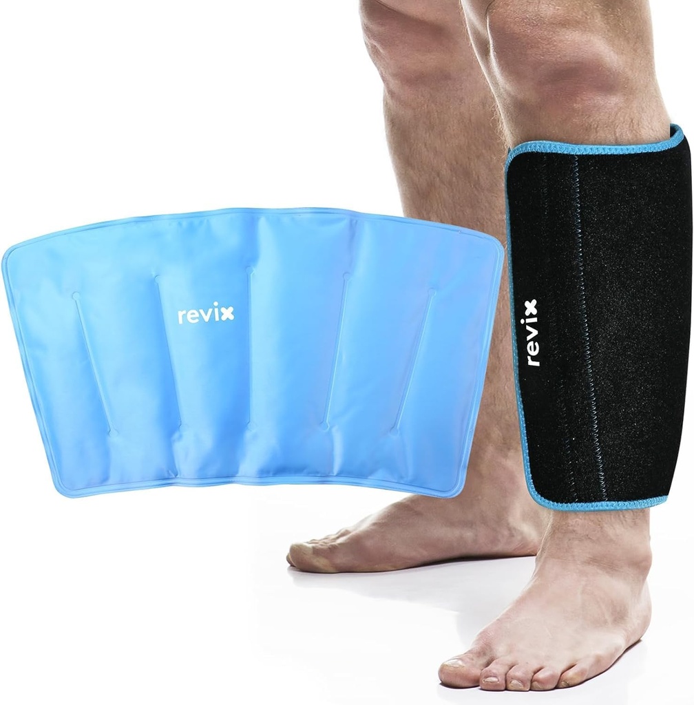 REVIX XL Shin Ice Pack Återanvändbar Gel Cold Pack för Kalv- och Elbow Discomfort Relief, Leg Cold Therapy Compression Sleeve Refreezable, 360° Full täckning