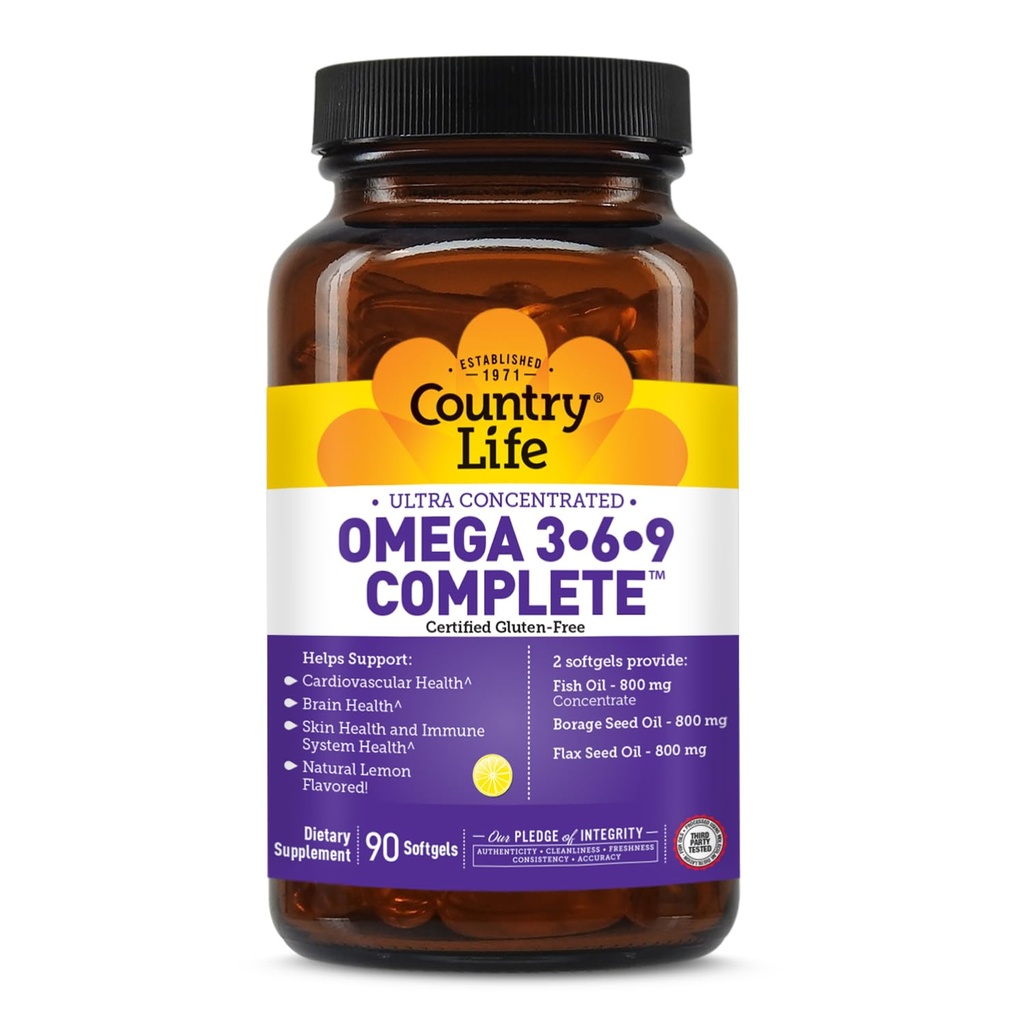 Country Life Omega 3-6-9 Komplett Supplement - 1,534mg Omega Fatty Acids - Stöder kardiovaskulär, hjärna, hud och immunhälsa - Certifierad Glutenfri, icke-GMO - 90 Softgels