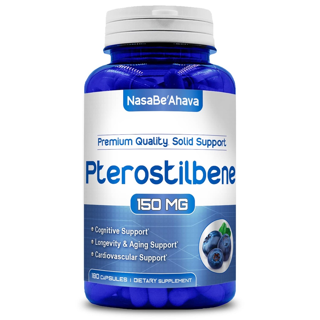 Extra styrka Pterostilbene Supplement | Vegan Friendly 150mg Pterostilbene Capsules | Antioxidant Supplement för åldrande hjärtimmun och hjärnstöd | Made in the USA (180 Day Supply)