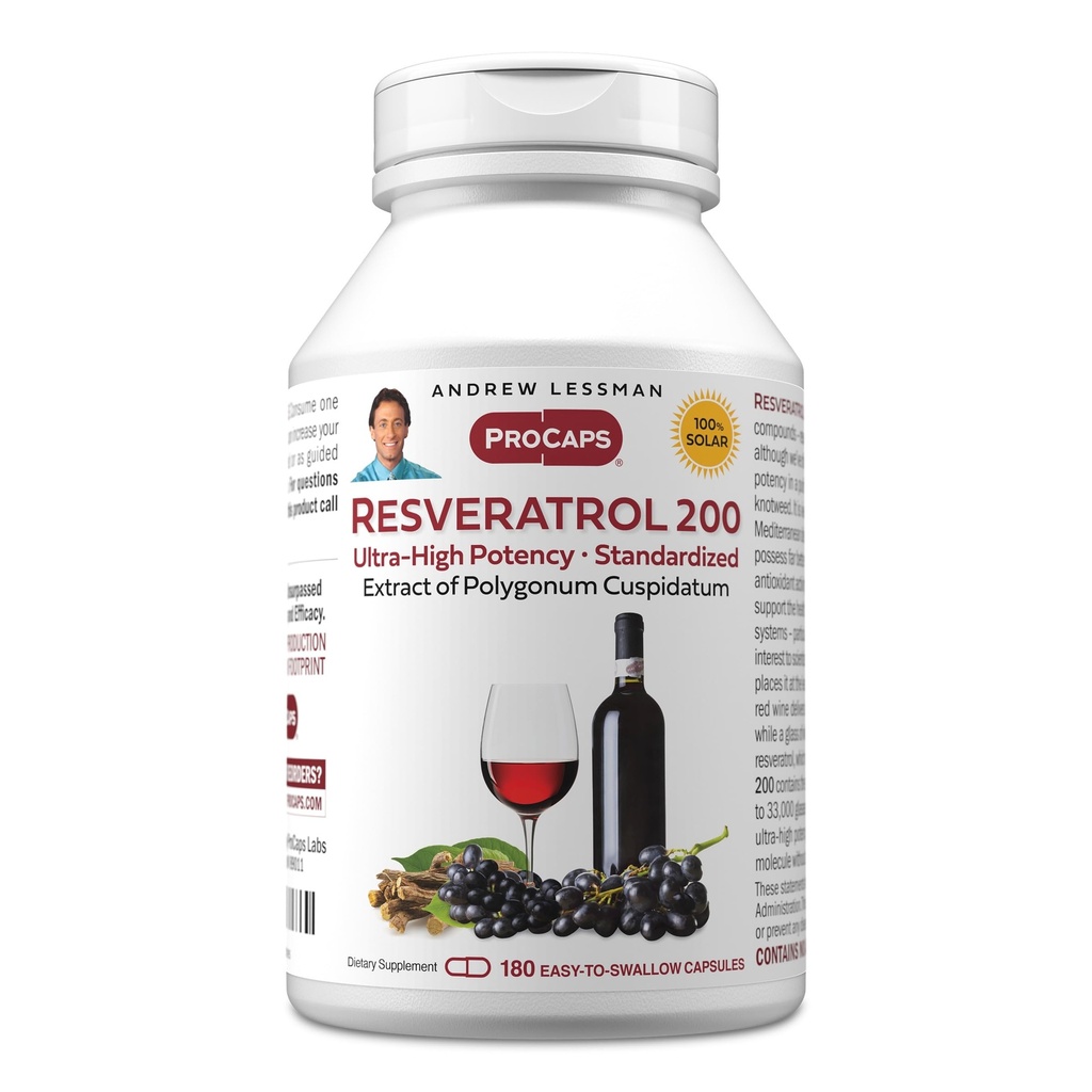 ANDREW LESSMAN Resveratrol-200mg - 180 kapslar - Rödvinets fördelaktiga, naturligt förekommande antioxidant, utan alkohol. Tillsatser gratis