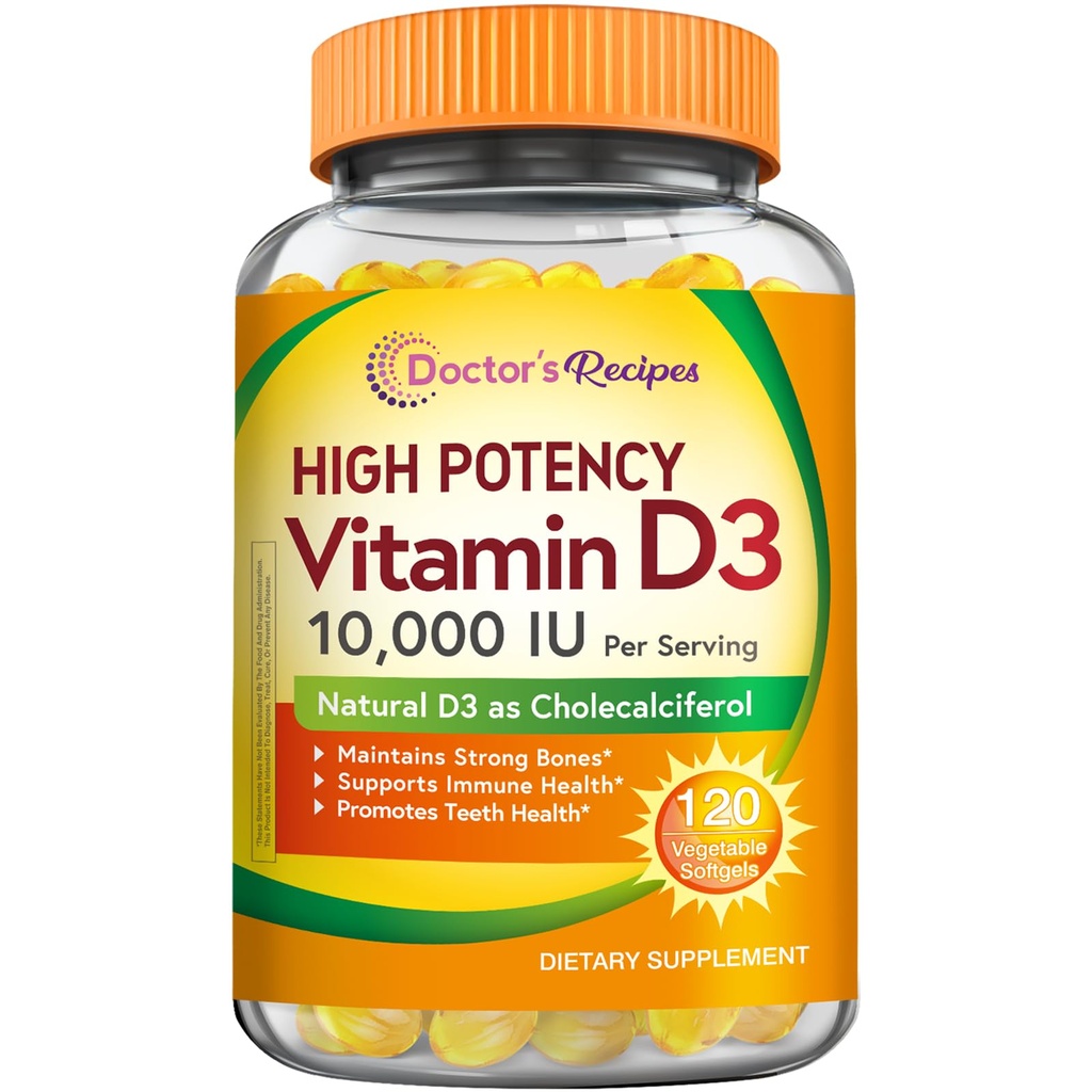 Doktorns recept vitamin D3 10000 IE, ben, tänder och immunstöd, icke-GMO, No Gelatin, Gluten eller Soja, 120 vegetariska Softgels