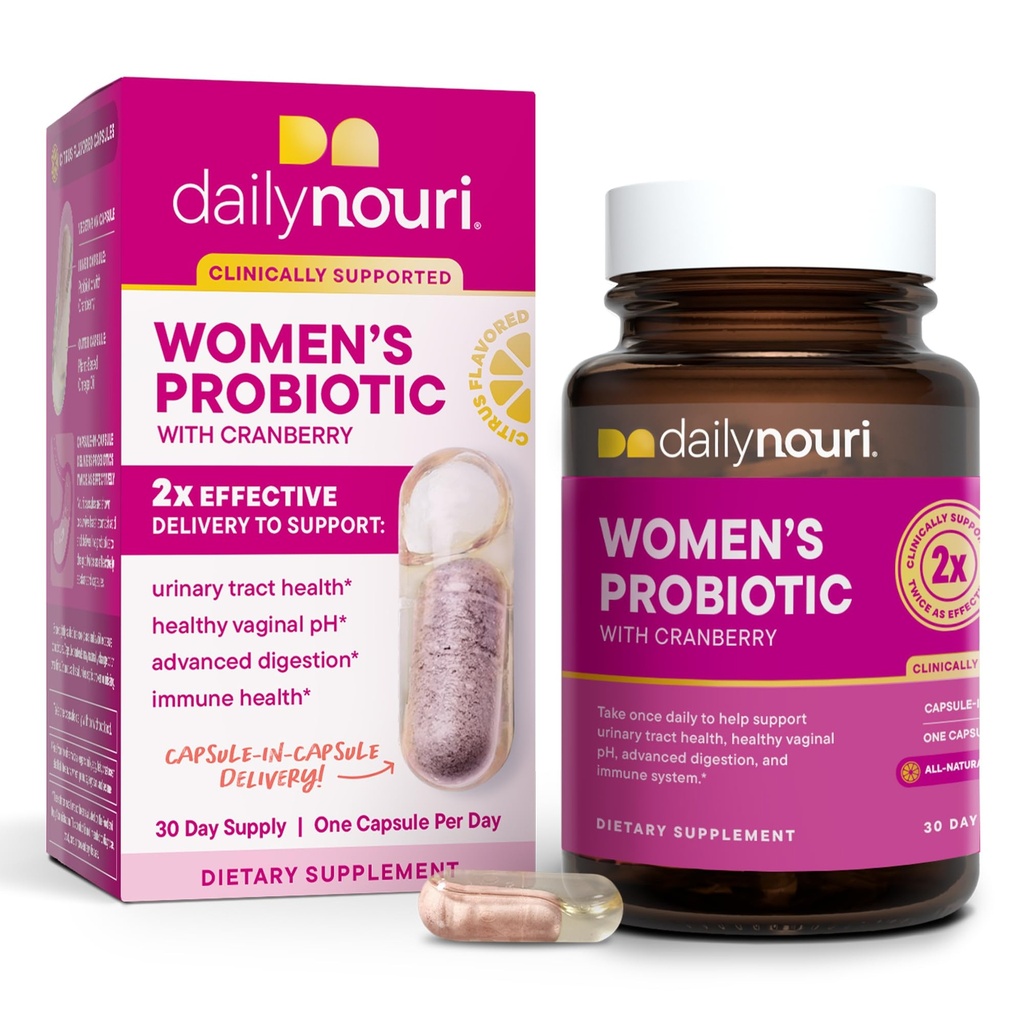 Daglig Nouri Probiotics för kvinnor | Vaginal hälsa + Urinary Tract Support | Vaginal pH & Microbiome Balance | 5 kliniskt studerade stammar + Cranberry & Omega | 30-dagars leverans