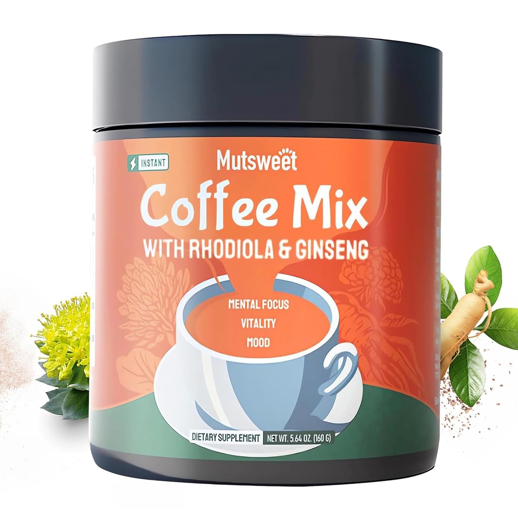 Mutsweet Rhodiola Rosea Instant Coffee Mix with Ginseng Supplement, 40 Servings, Coffee Alternative Powder, Ginseng Extract, Ground Coffee Support Energy, Mood, Stress, Stamina