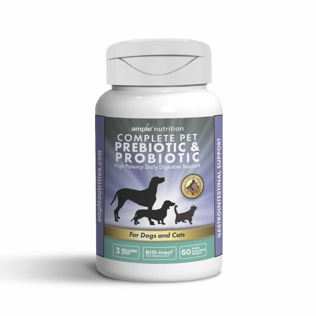 Ample Nutrition komplett Pet Prebiotic + Probiotikum för hundar och katter, 60ct Pork smaksatta pärlor