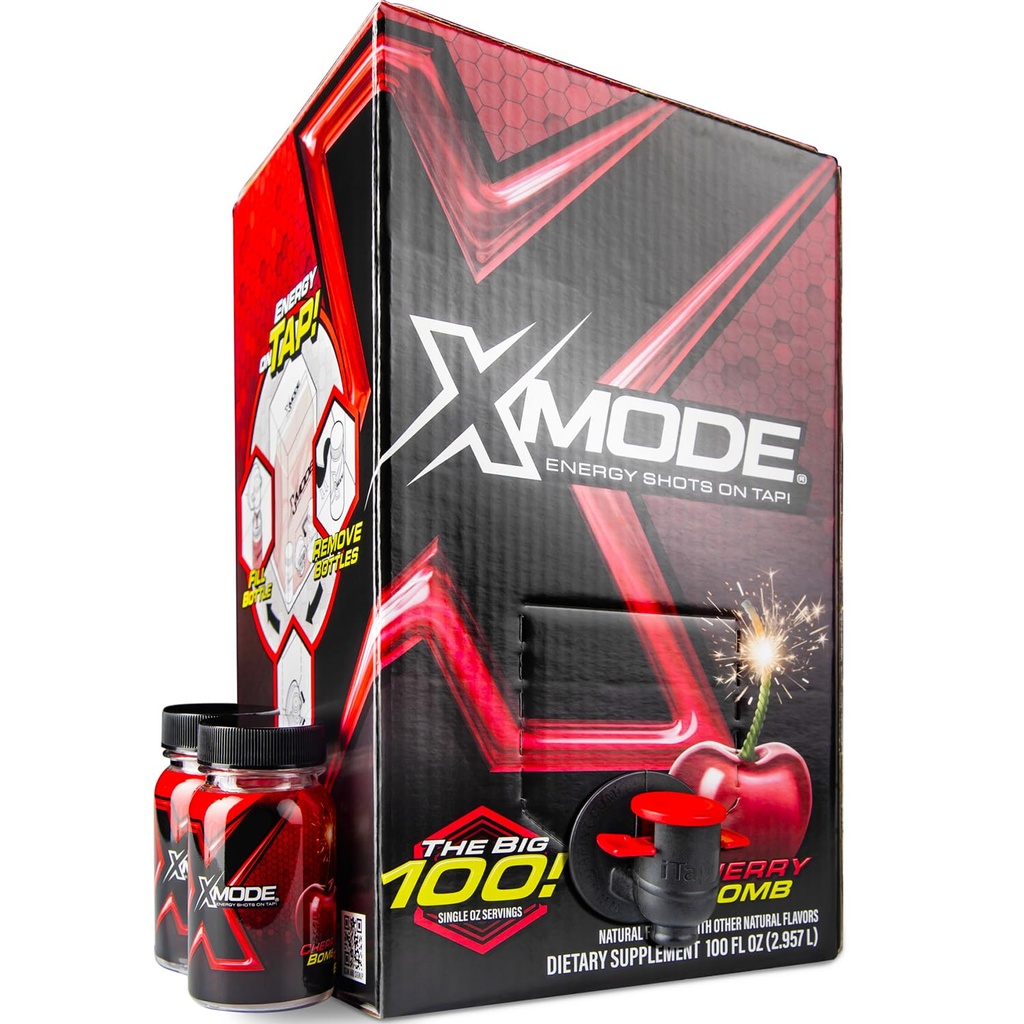 XMODE Extra Strength Energy Shots on Tap - Cherry Bomb Flavor, Sugar Free, 150mg Koffein per oz, B12, 100 (1oz) Tjänster, Dispenser med 2 Refillable Bottles